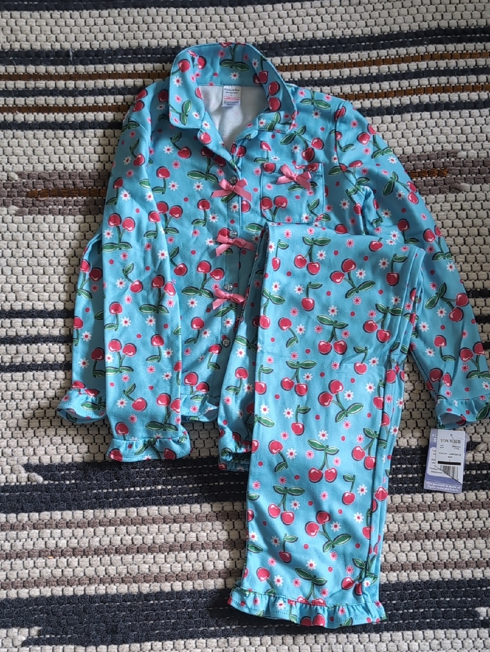 Girls' Harlow and Rose Blue Cherry Print Pajama Set with Pink Bows